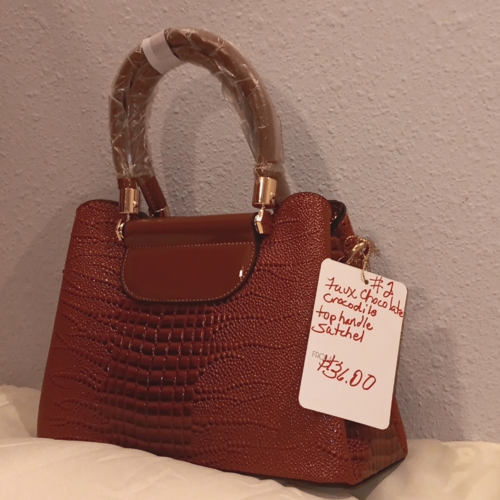 Faux crocodile chocolate tophandle satchel